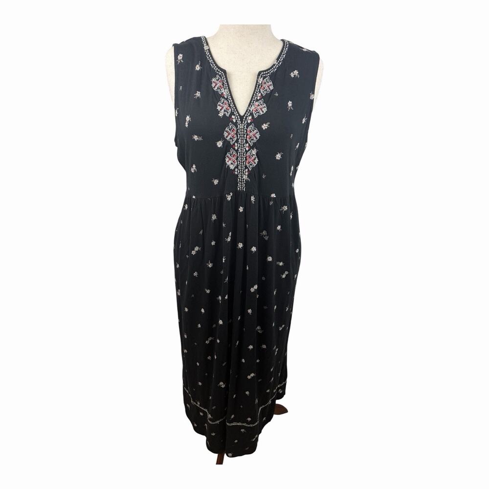 J. Jill Women 1X Black Floral Embroidered Sleeveless Midi Maxi Dress